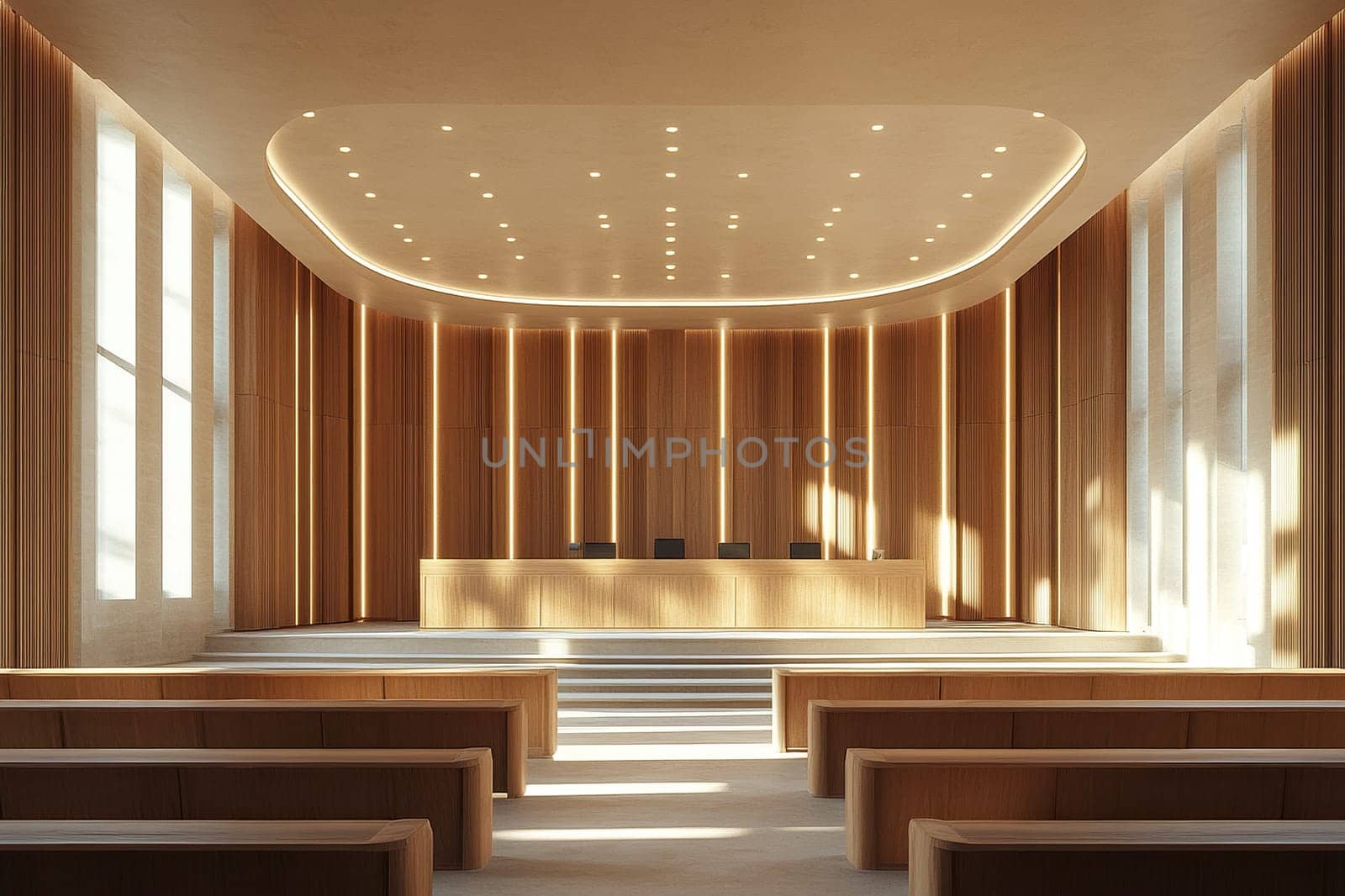An empty room with wooden tables and a ceiling with many square windows. Large windows on both sides, giving the room a clean, modern feel.