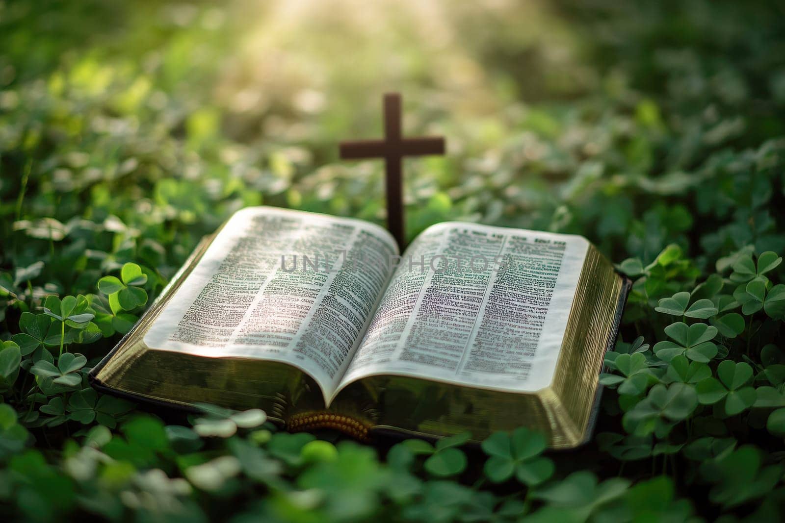 open bible book, a cross lying on the middle of green clover leaves grass, clear, hd , little sun light flare on background --ar 3:2 --v 6.1 Job ID: 66b5f8cb-0425-4020-90af-94acf89e50ab