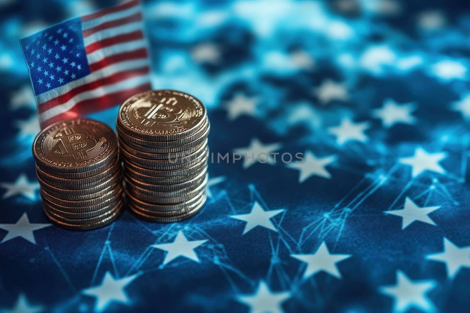 Blue glowing cloud computing with USA Flag icon on a pile of gold coins against blue blurred background..