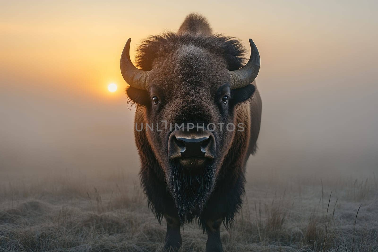 A noble bison is covered in drizzle in a field with a fog bank at dawn. The bison looks at the camera