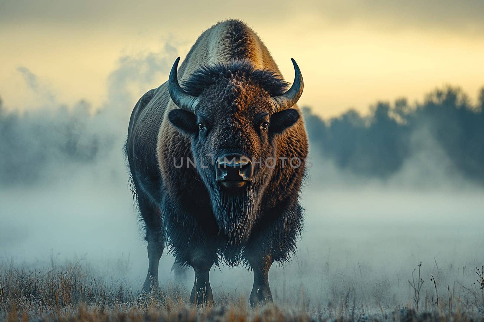 An adult steppe bison looks at the camera while standing in a field in thick fog on a cold morning.