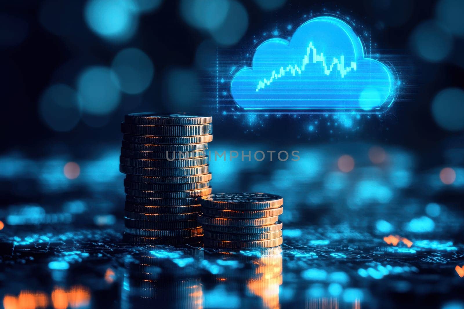 Blue glowing cloud computing icon on a pile of gold coins against blue blurred background. High quality illustration