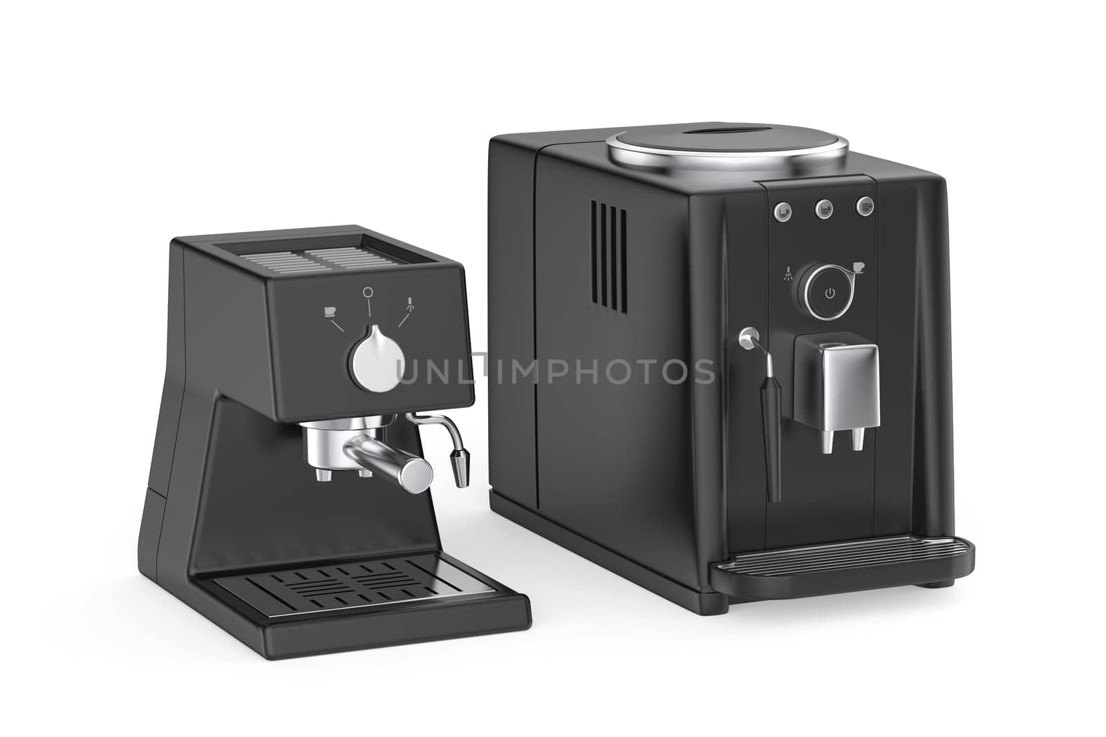 Manual and automatic espresso coffee makers on white background