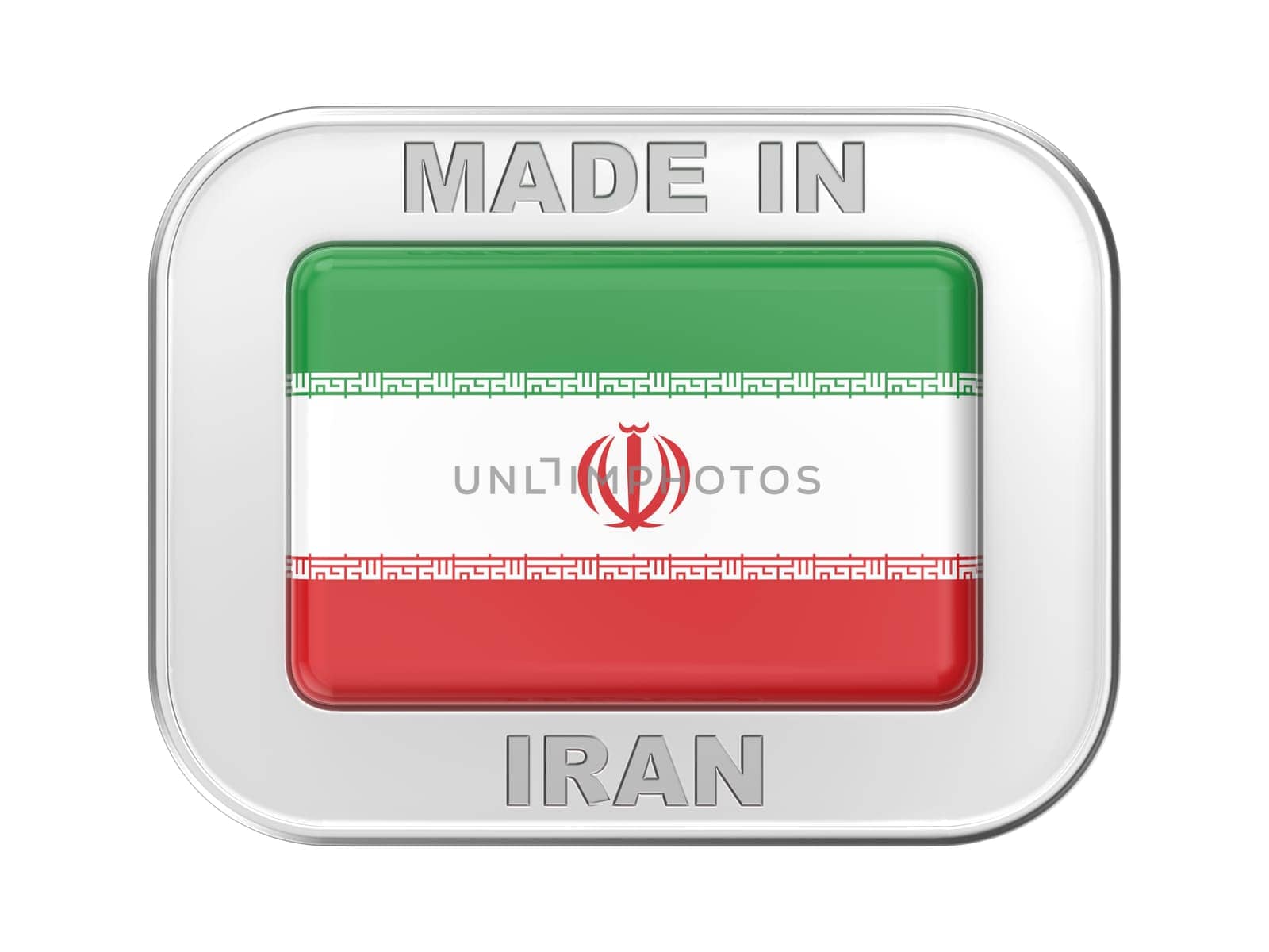 Made in Iran, silver badge with the national flag of the Islamic Republic of Iran