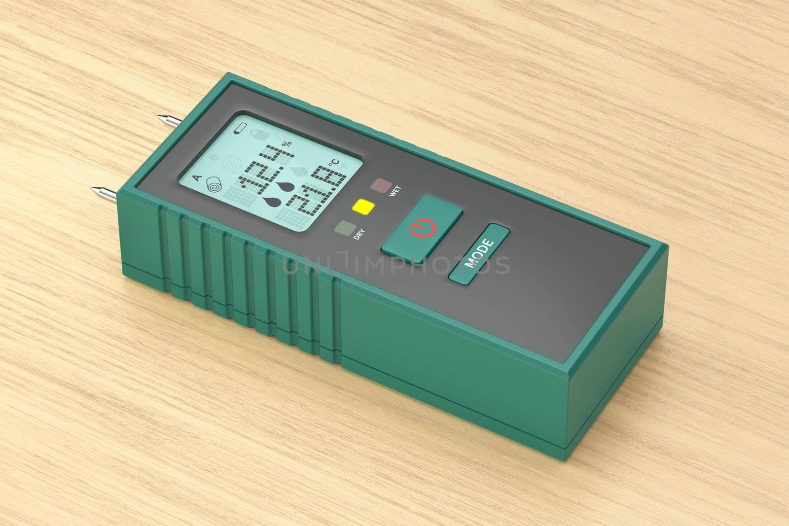 Green digital moisture meter on a wooden background