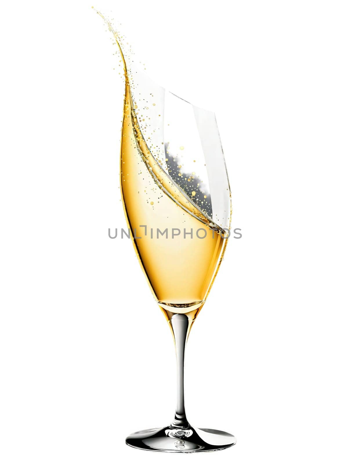 Artistic Swirl A creatively designed champagne glass with a swirling, asymmetric shape, filled with sparkling wine, catching light in