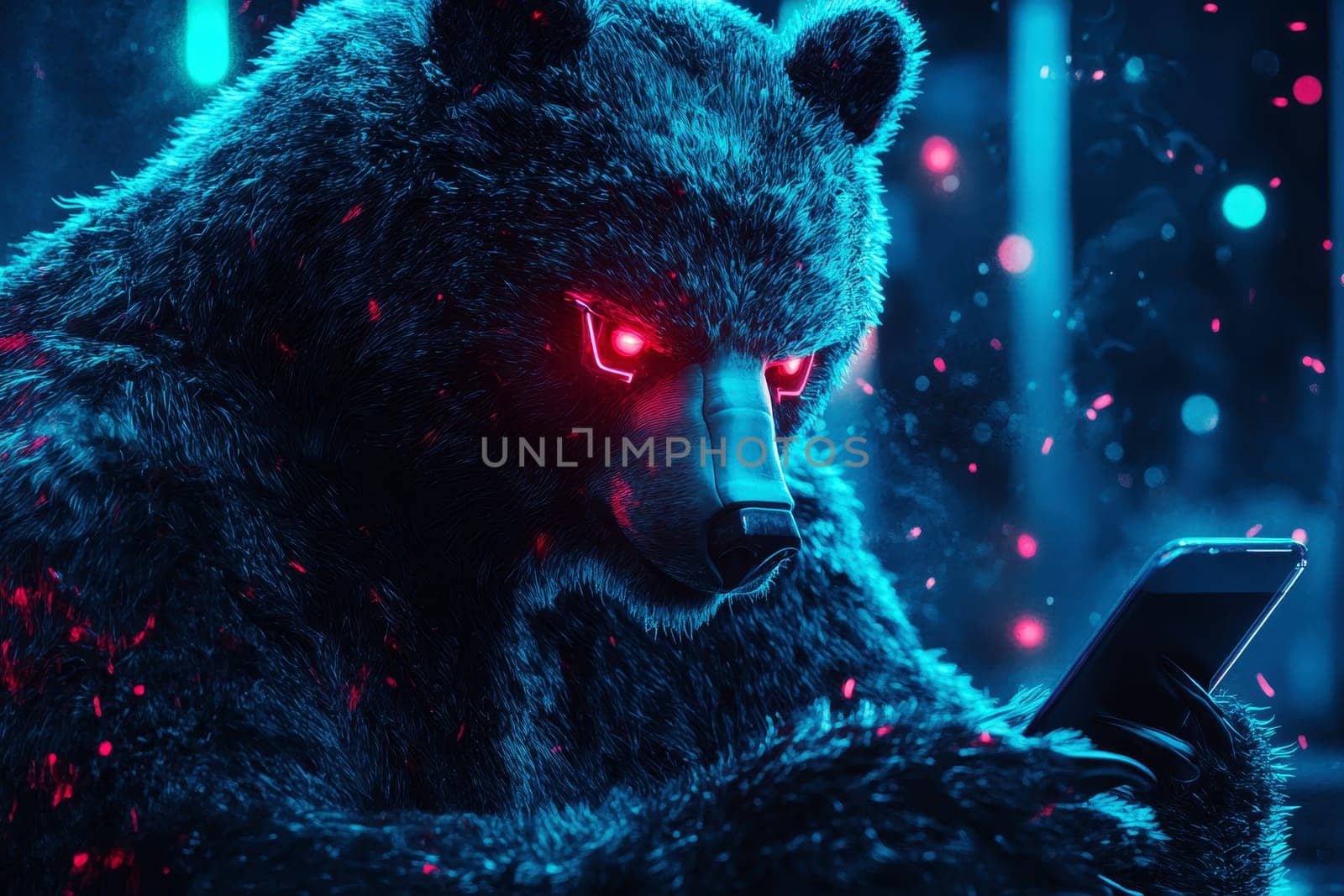 a futuristic cyberpunk style ,bear has glowing red eyes, focused on a smartphone. data virus security concept. High quality illustration