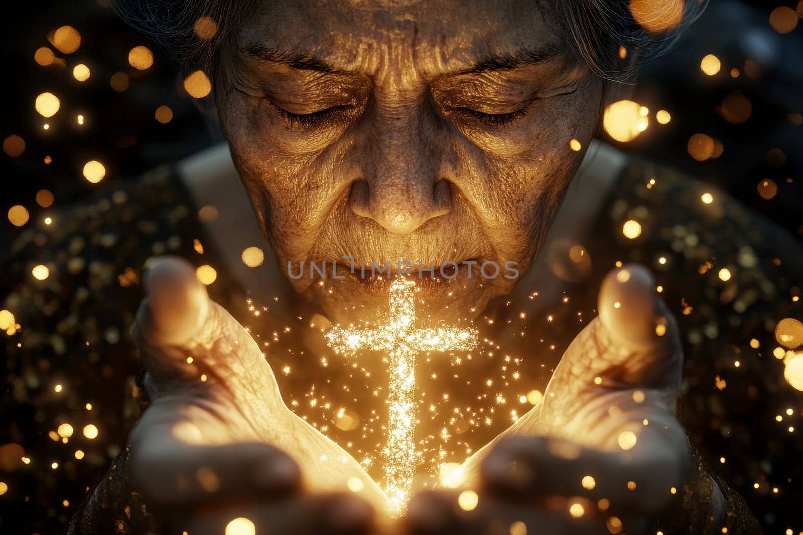 elderly Woman Holding a Glowing Cross. Symbol of Faith and Hope..