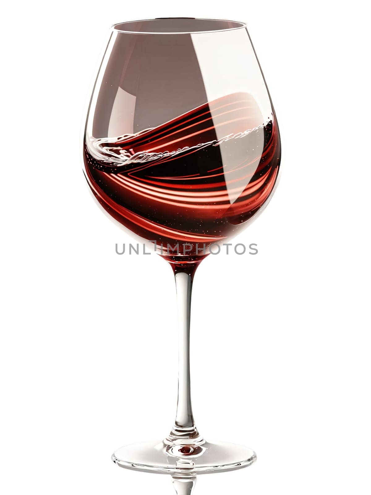 Elegant Burgundy glass, swirling with translucent garnet wine, isolated on transparent, dynamic swirl, light reflections,