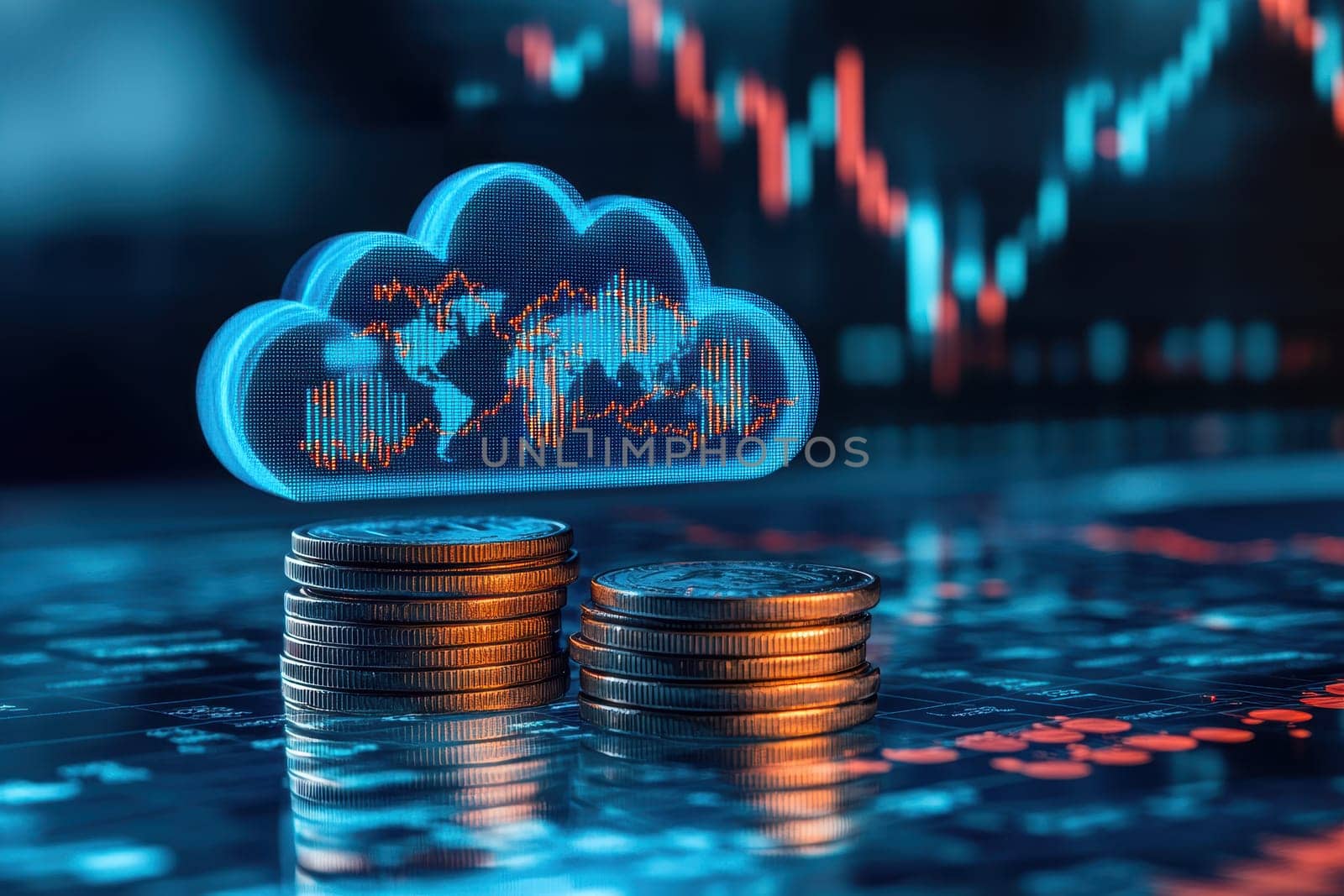 Blue glowing cloud computing icon on a pile of gold coins against blue blurred background..
