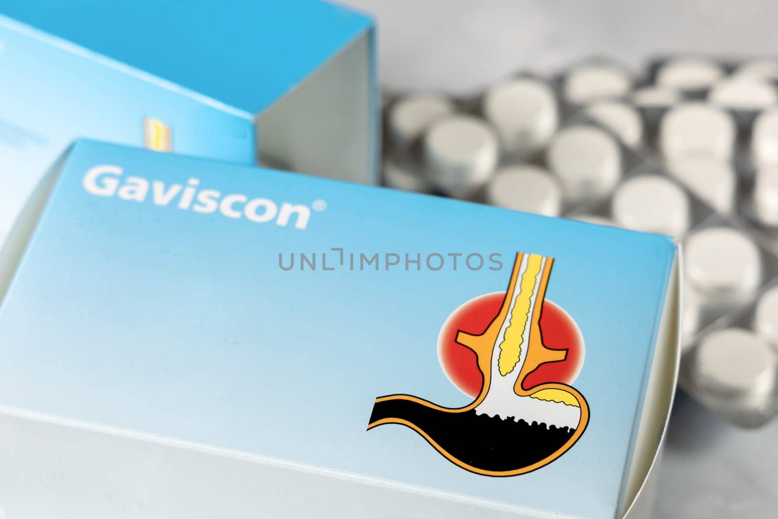 Gaviscon - pack of pills for stomach problems and heartburn. Denmark - August 2023.