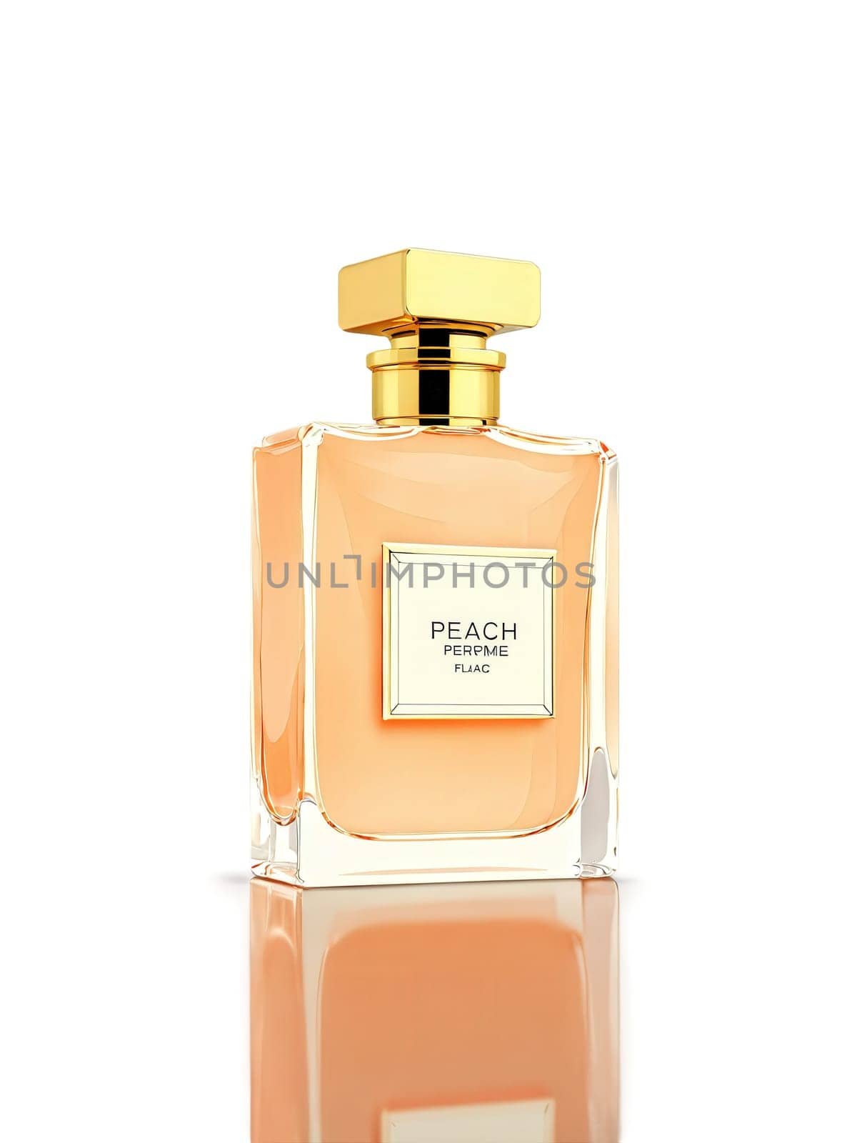 Elegant Peach Perfume Flacon, sophisticated, pale peach glass, gold cap, refined lines, isolated on a soft coral background.