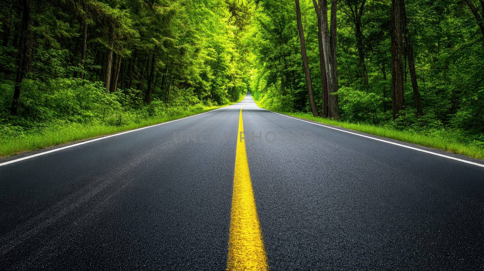 A wide road leads into the distance, green forests lush ..