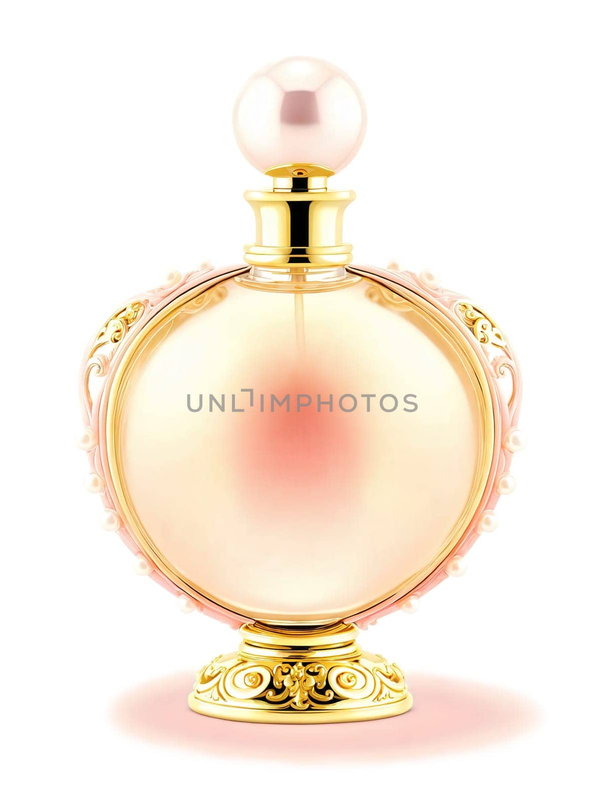 Glamorous Pearl Perfume Bottle, elegant, metallic gold, ornate lid, delicate curves, isolated on a bright pastel pink background.