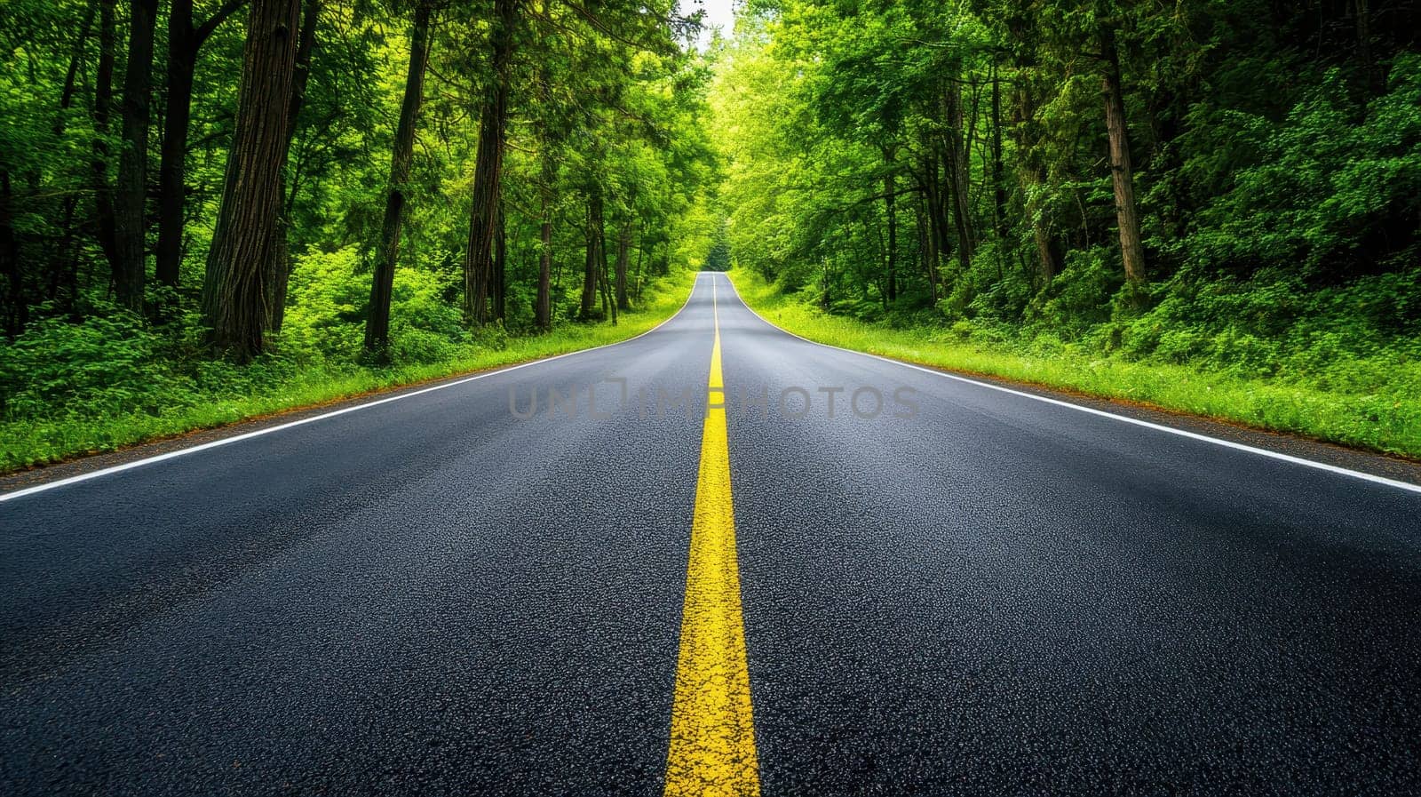 A wide road leads into the distance, green forests lush ..