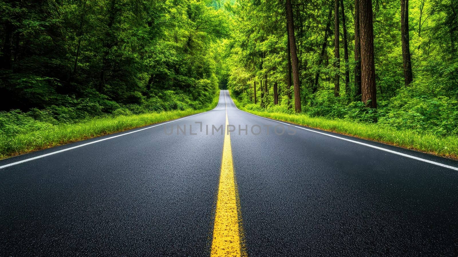 empty wide road, aerial view. This is a high-quality photo with a professional feel. Green forest lush --ar 16:9 --v 6.1 Job ID: 119bdc94-8dd3-45d9-8766-07b8c1d83a15