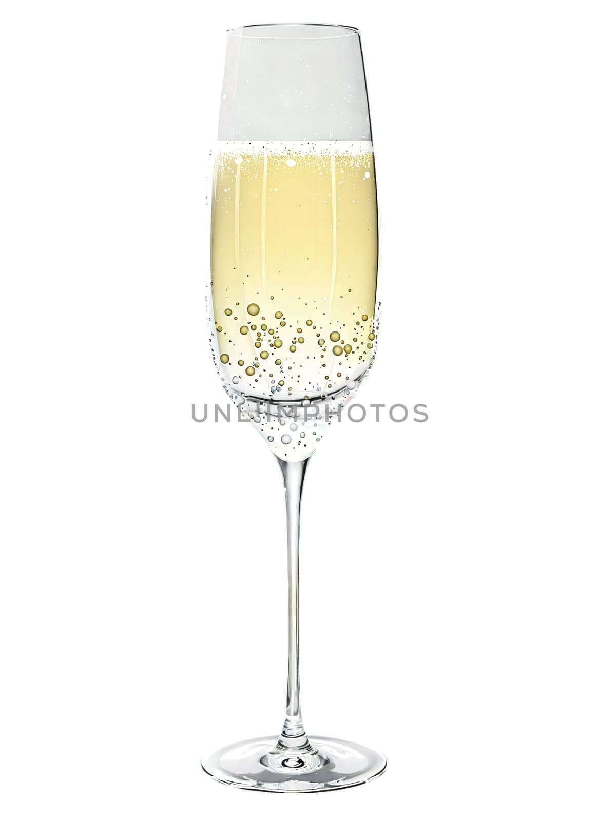 Modern champagne glass, refined design, floating bubbles, crystal clear, premium