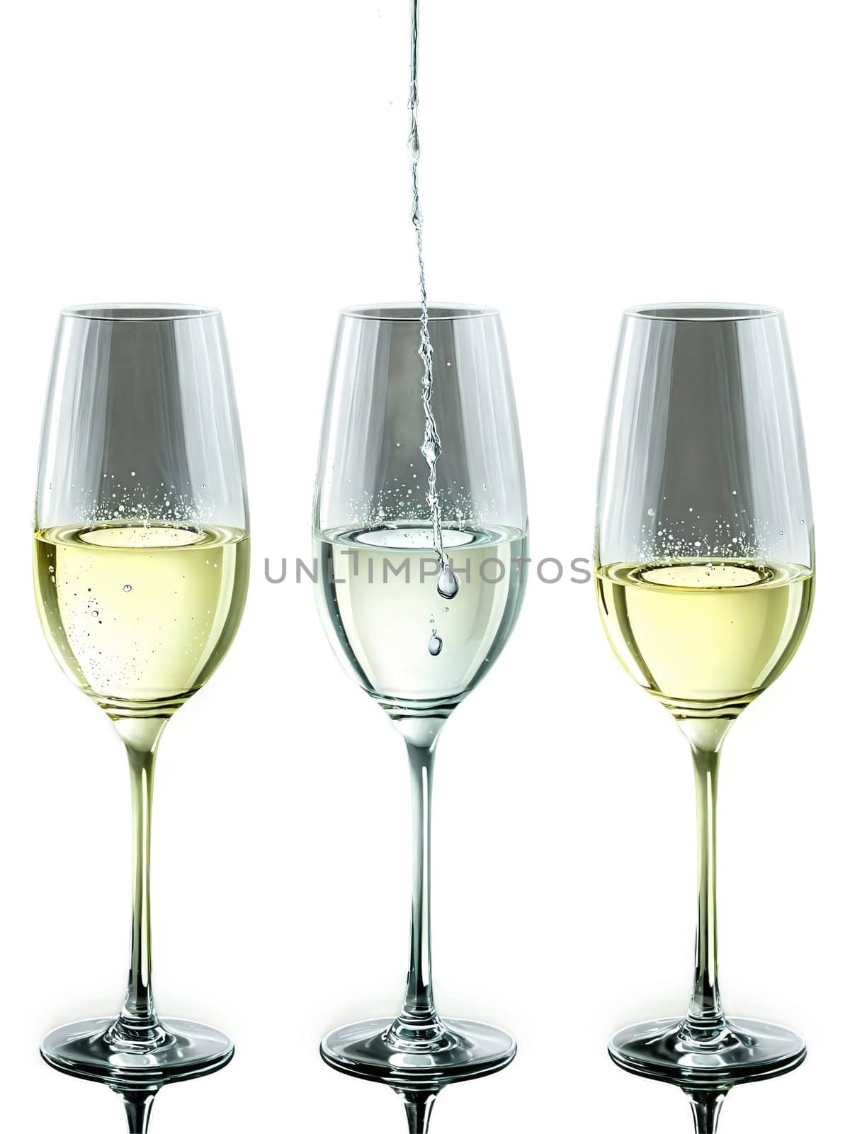 White wine glass, delicate rim, dancing light reflections, suspended water drops, premium product shot, crystalline