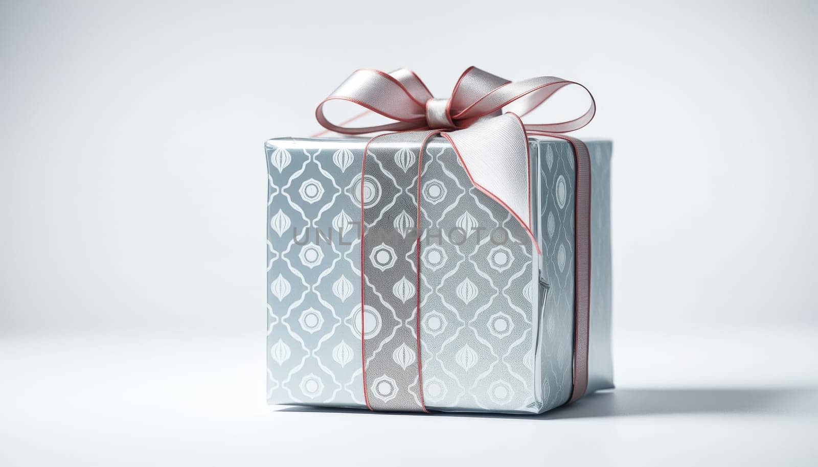 Gift Package Metallic silver with futuristic patterns, lively ribbon, isolated transparent background, striking hero image.