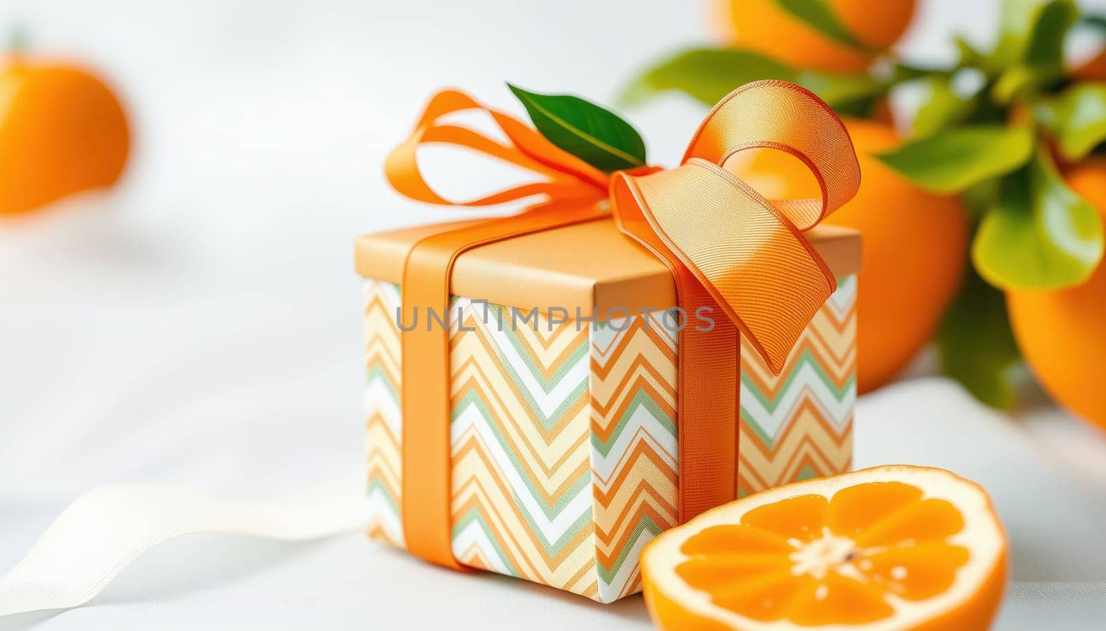 Gift Package Tangerine with zigzag patterns, swirling ribbon, isolated transparent background, vibrant advertisement style.