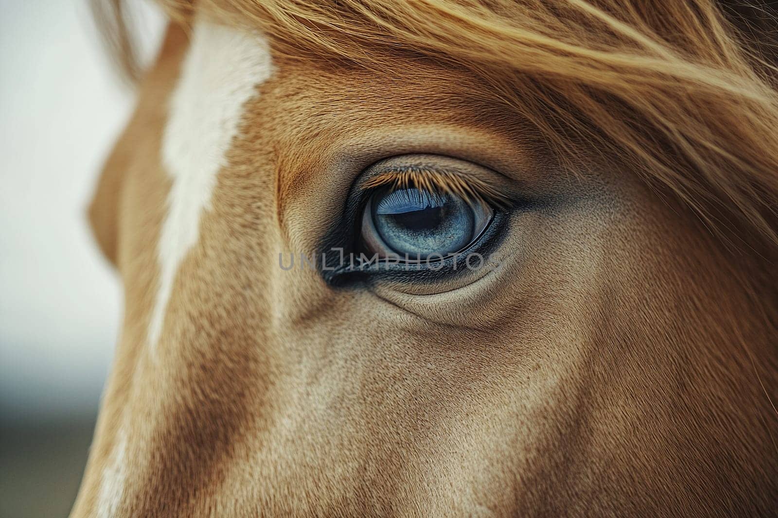 Close-up of a horse's eye. Portrait of a red horse with beautiful eyes of an unusual color.