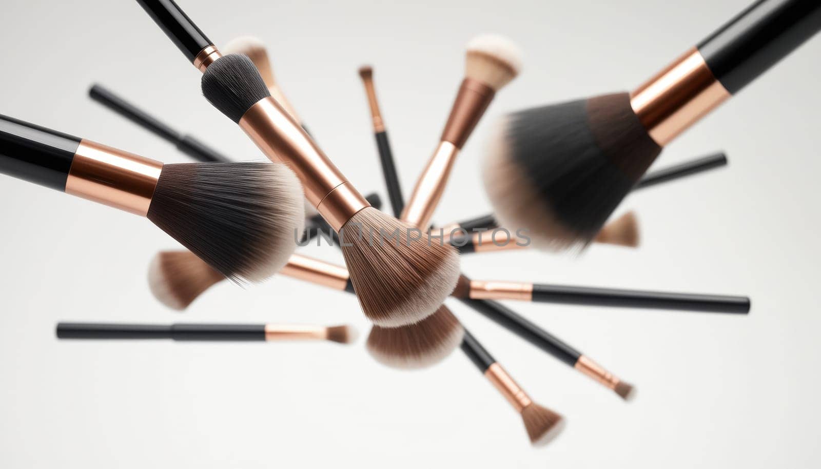 Makeup brushes levitating in a dynamic arrangement, bristles fanning out to suggest versatile application