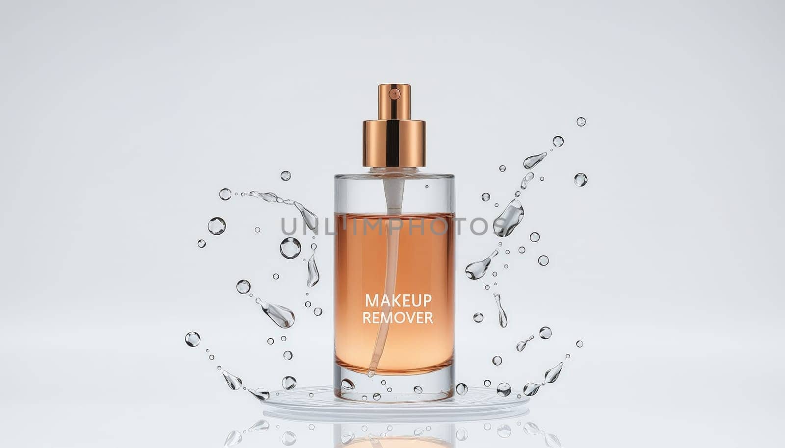Makeup Remover Bottle A bottle of makeup remover with droplets splashing around it, on a