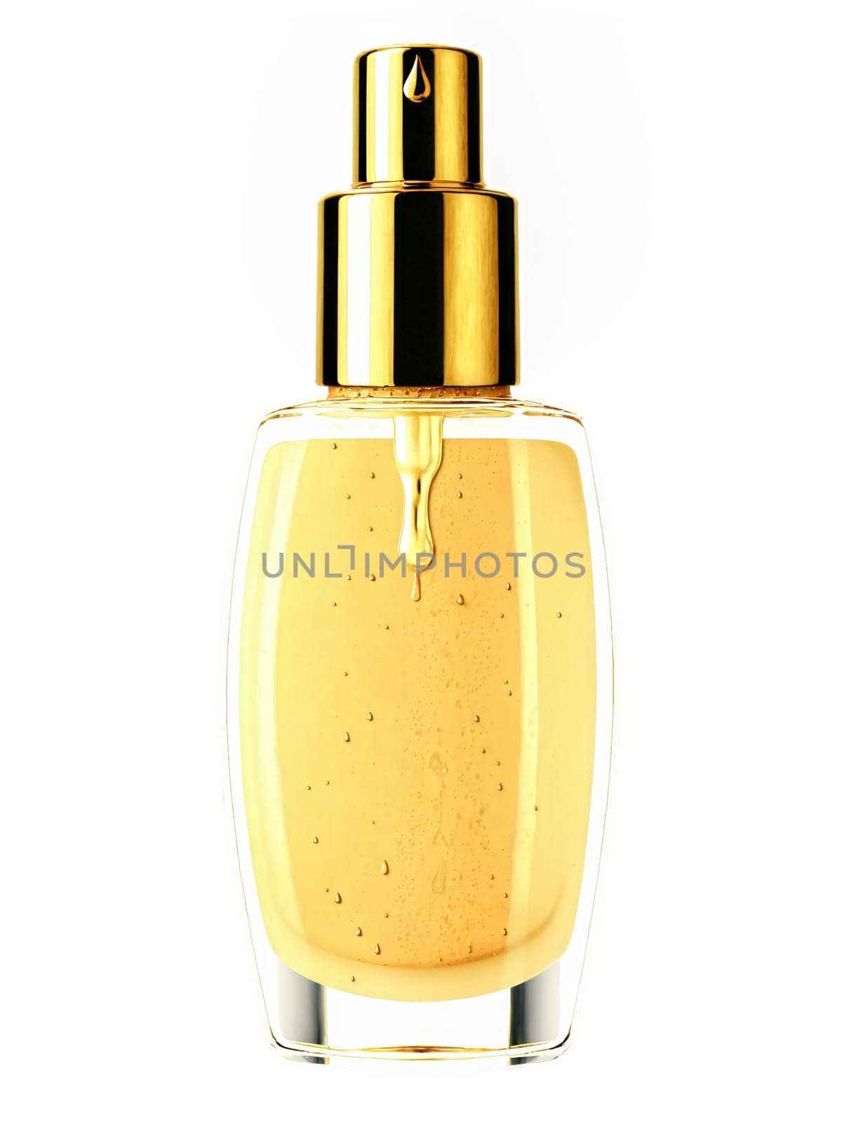 Foundation Bottle A luxurious foundation bottle with a gold cap, with droplets of foundation artistically splashed around it, on a