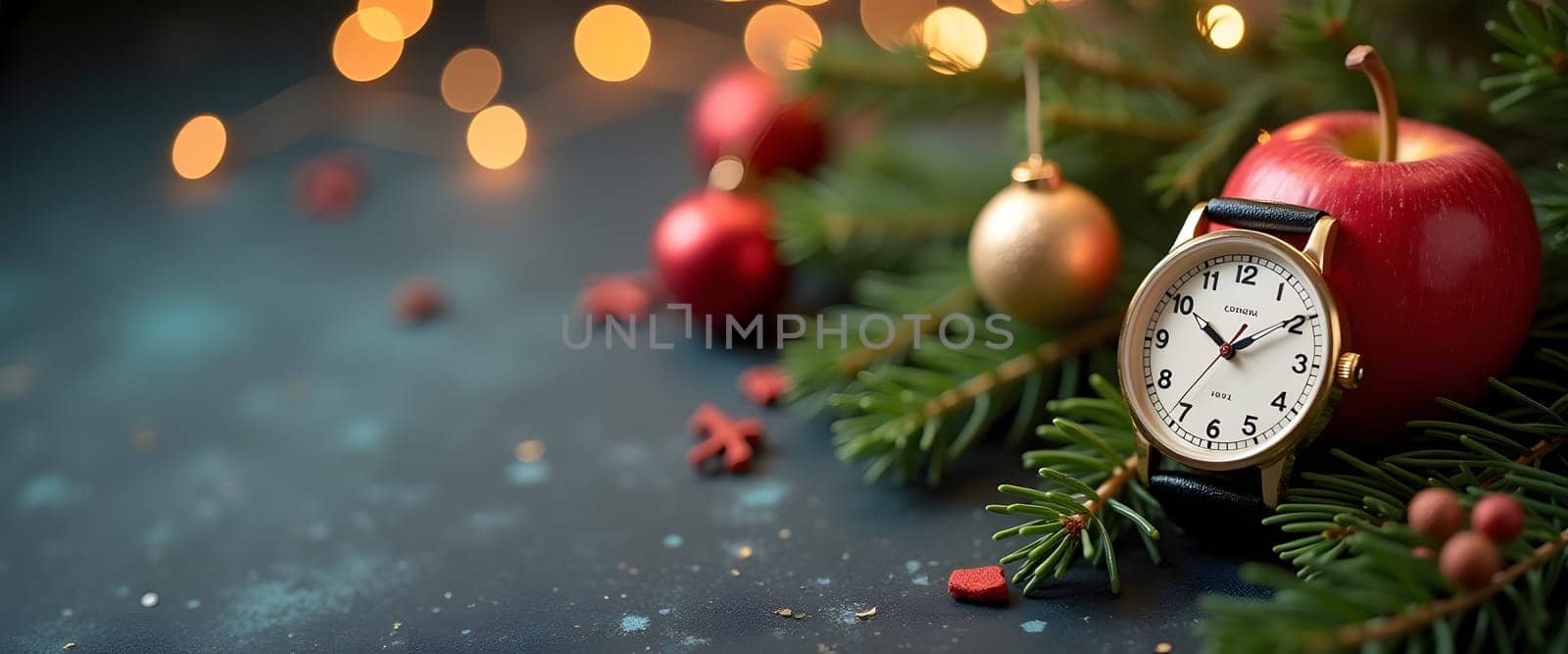 Clock and apple with fir branches, ornaments, and lights for a cozy Christmas feel