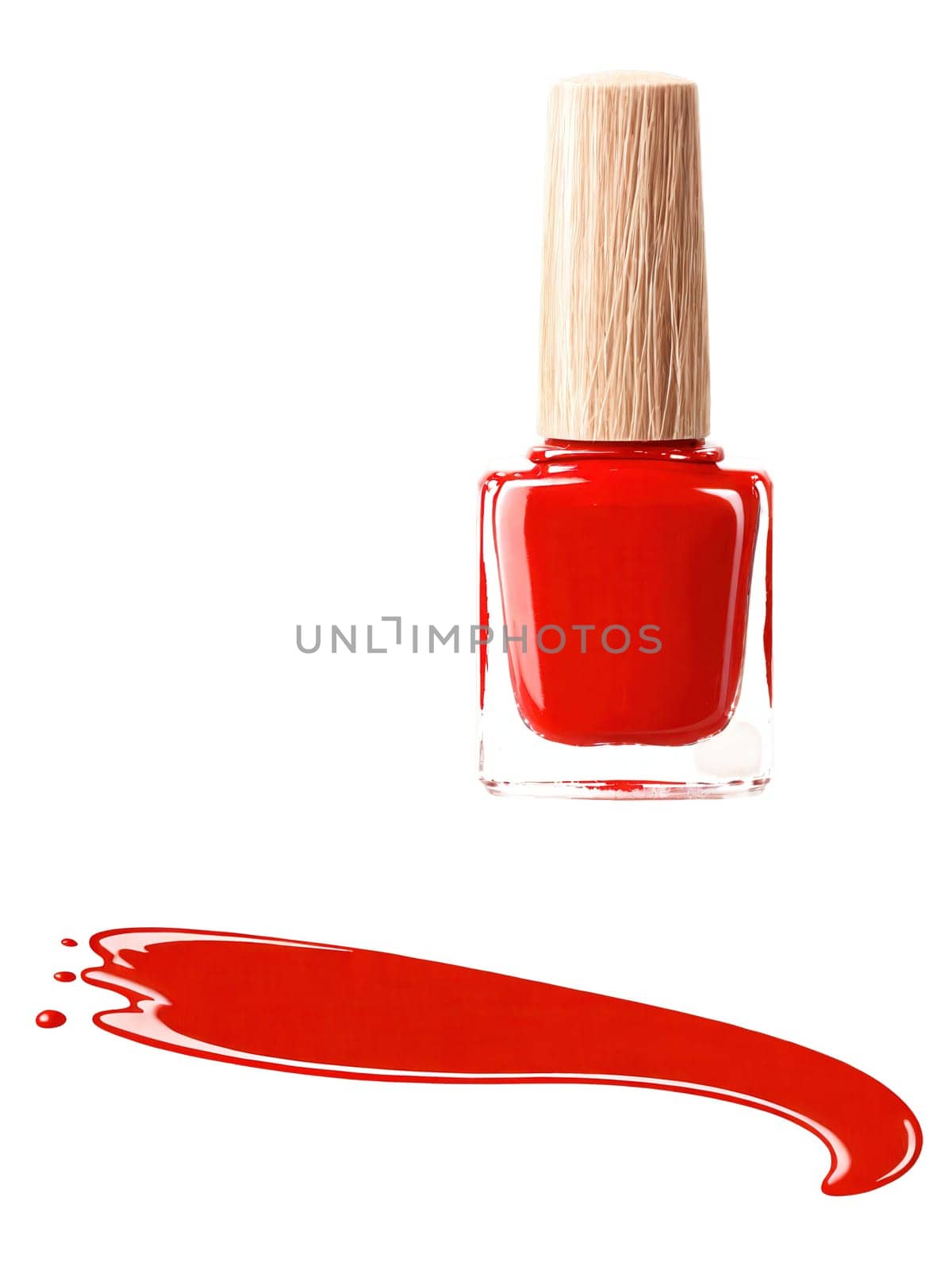 Nail Polish A bottle of bright red nail polish, with a dynamic splash of polish and brush nearby, on a