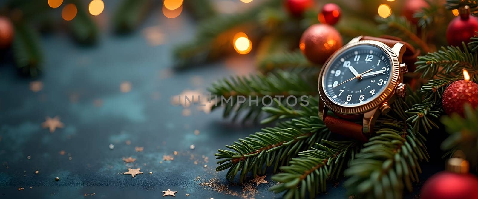 A wristwatch set against a festive Christmas background, featuring fir branches, ornaments, and warm lights. This image brings together the holiday spirit with a sense of timelessness and warmth