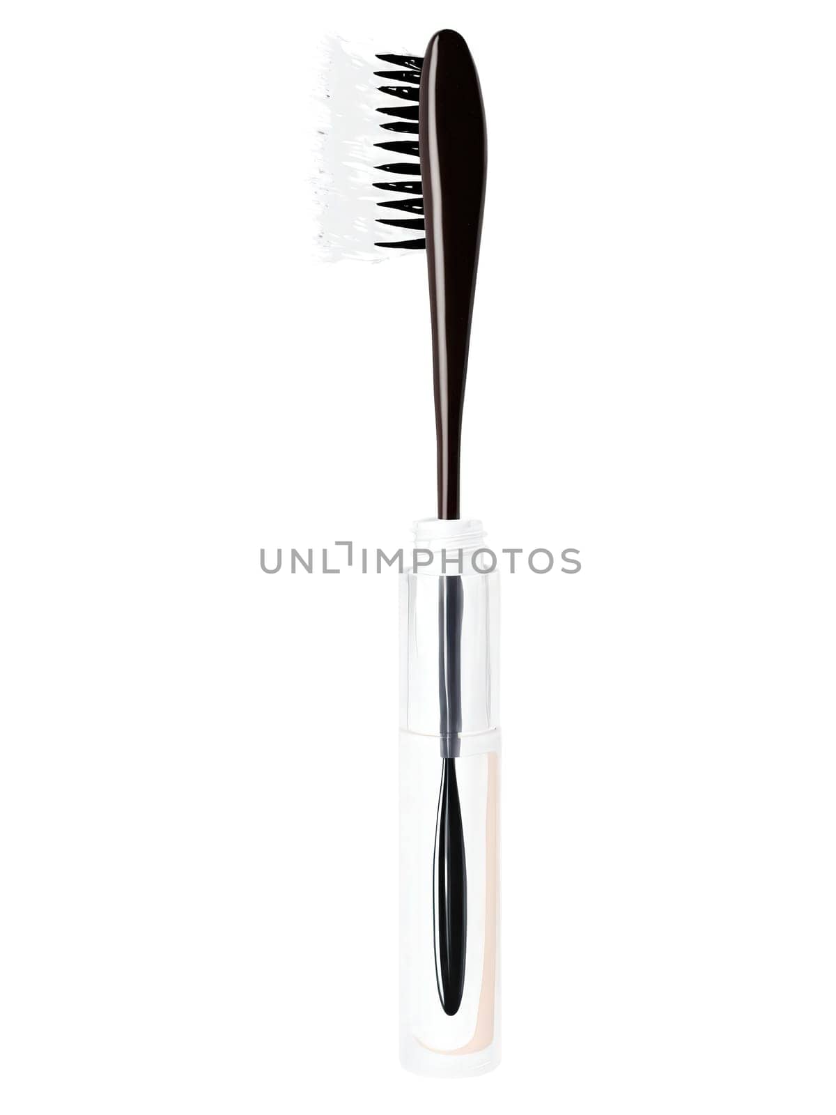 Brow Gel A clear brow gel tube with a brush, surrounded by delicate wisps of hair, on a transparent background.