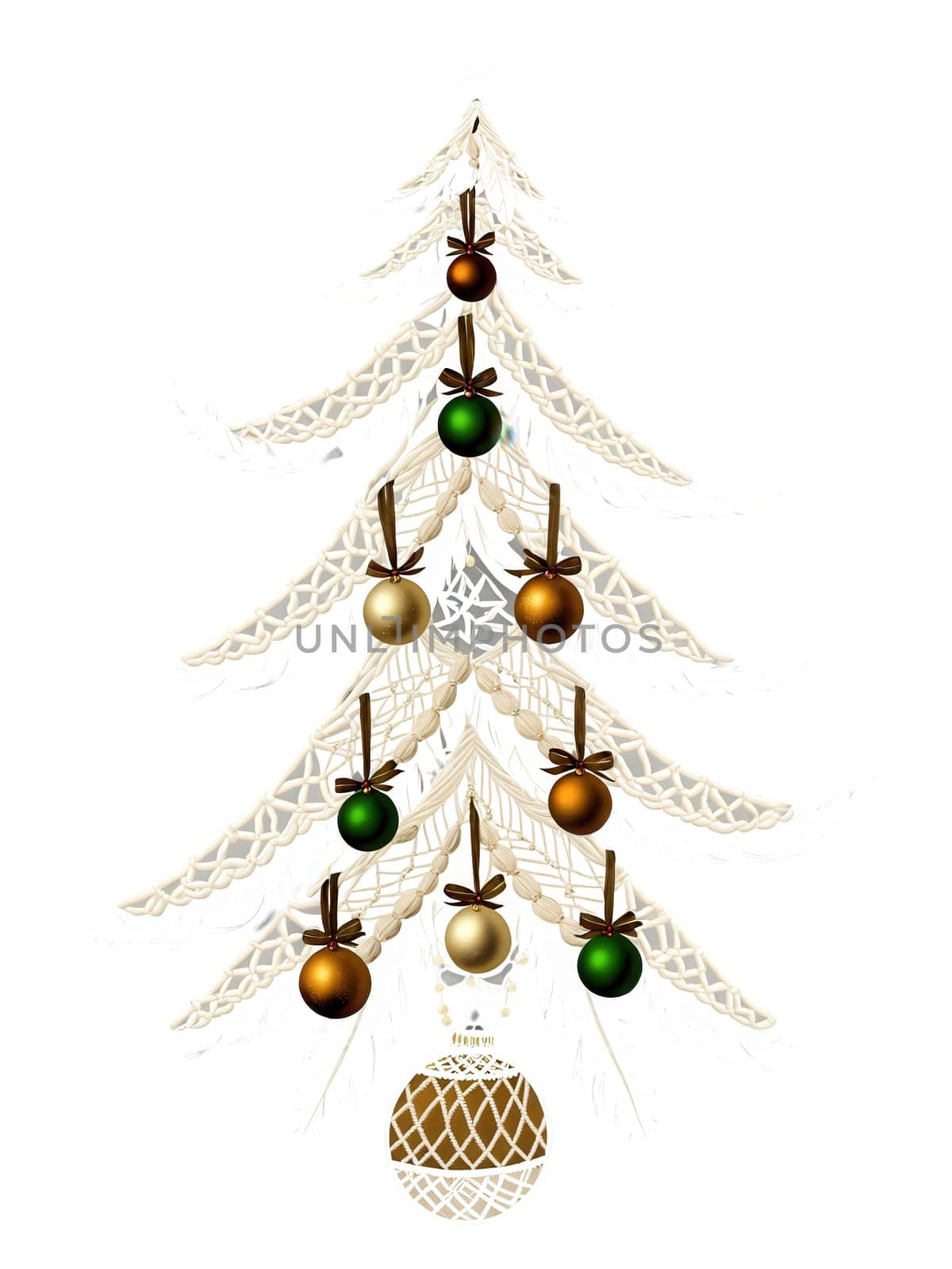 Boho Chic Christmas Tree, decorated with macrame ornaments and feathers, transparent background.
