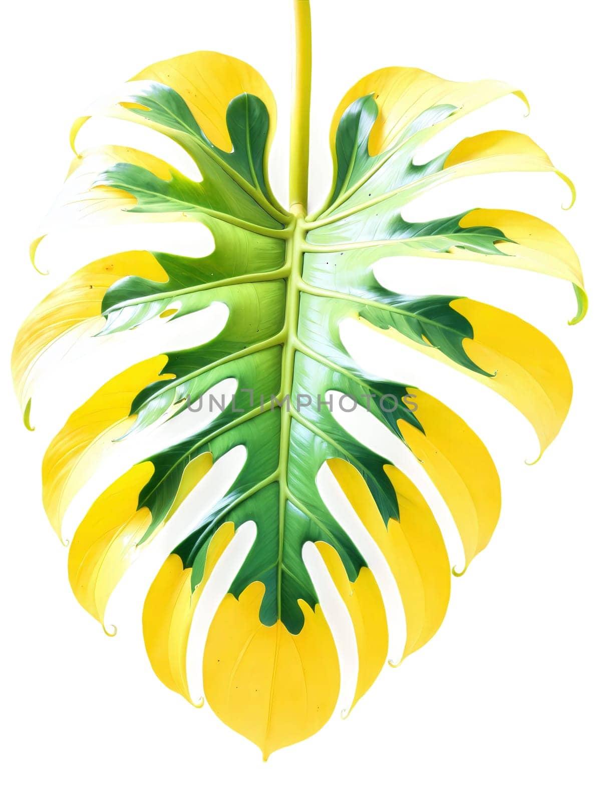 Monstera Deliciosa A vibrant green Monstera leaf unfurls, its unique holes creating a delicate lace-like pattern, set against a bright