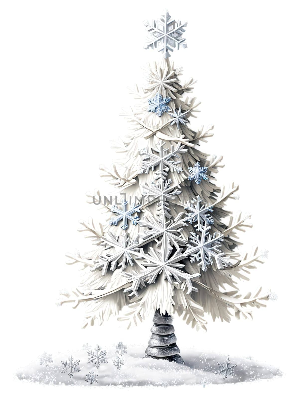Snowy White Christmas Tree, dusted with faux snow and adorned with silver snowflakes, transparent background.