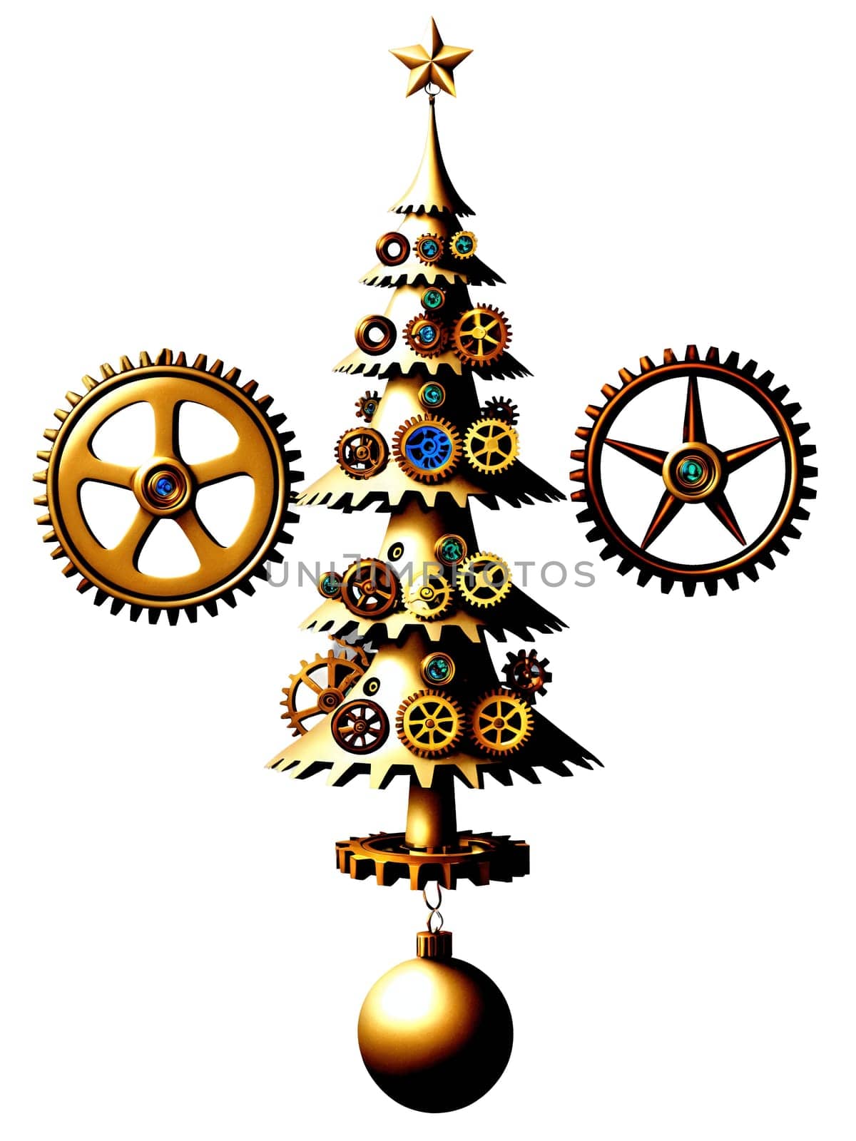Steampunk Christmas Tree, decorated with gears, cogs, and metallic ornaments, transparent background.