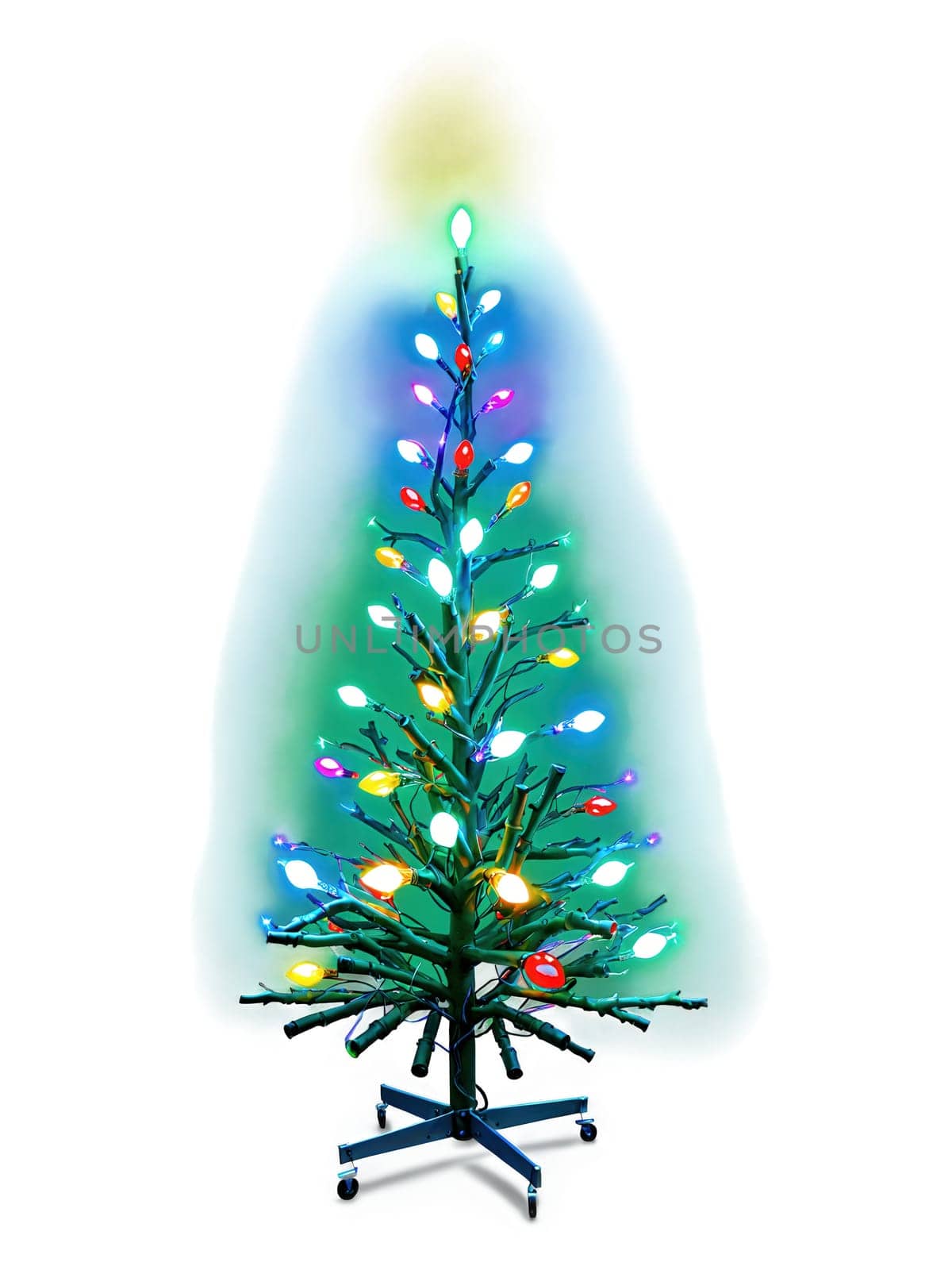 LED Christmas Tree bright LED light strands with colorful bulbs on lush green branches, vibrant and lively for dynamic advertisements.