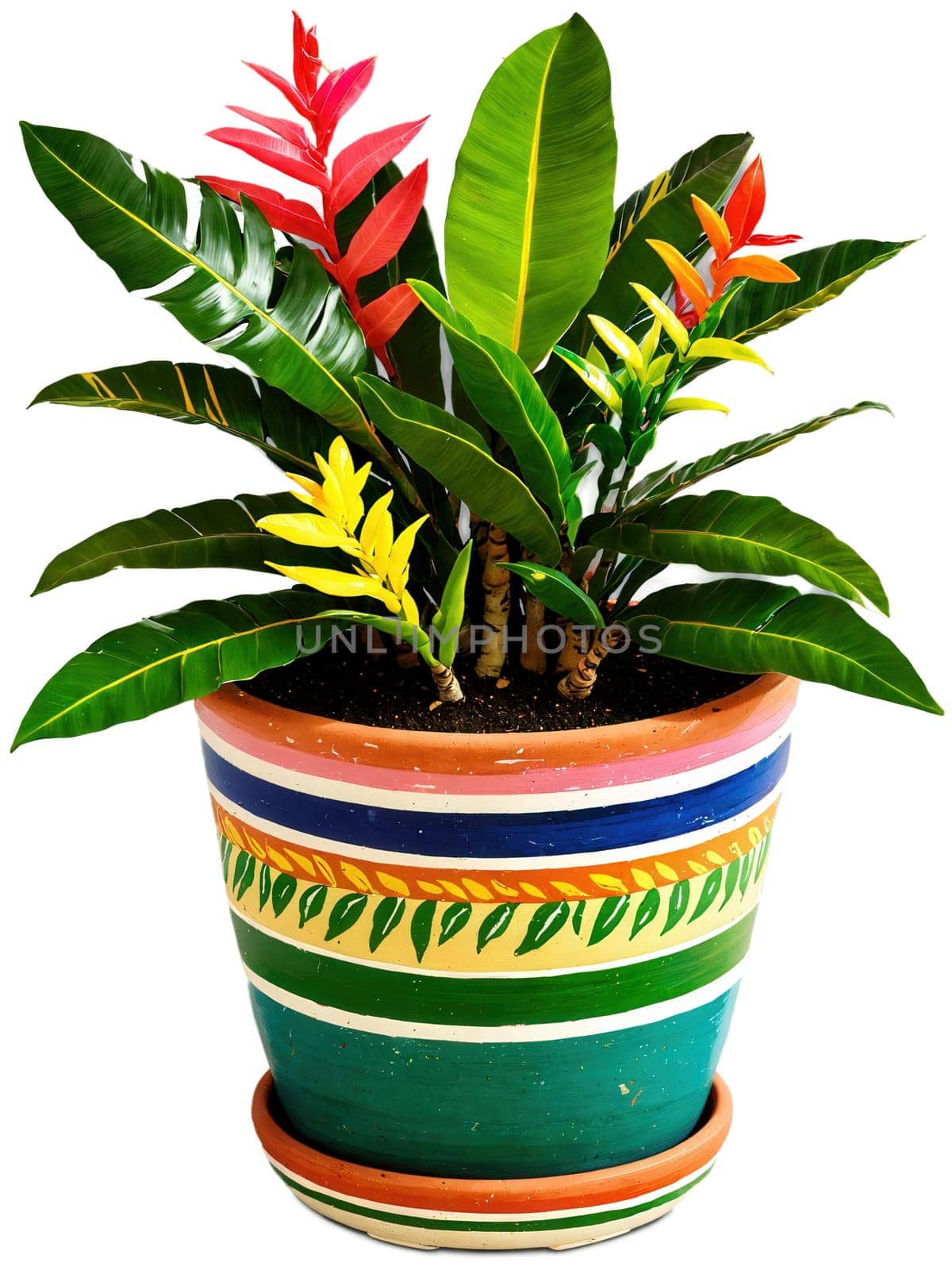 Potted Paradise Imagine a miniature paradise with a vibrant zamioculcas in a tropical-themed pot, surrounded by colorful flowers.