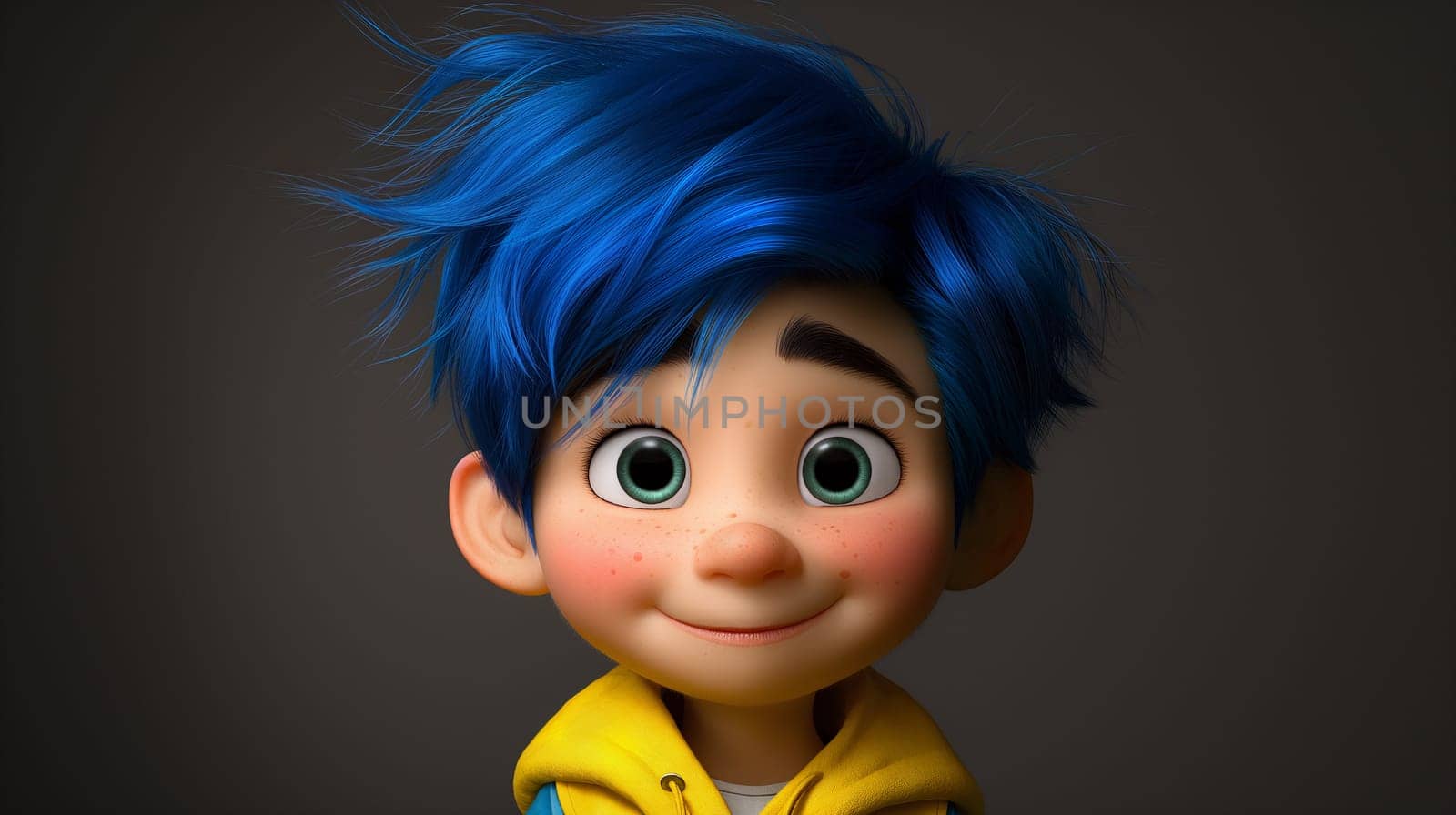A young, animated boy with bright blue hair and green eyes is wearing a yellow jacket and offering a playful, innocent smile - Generative AI