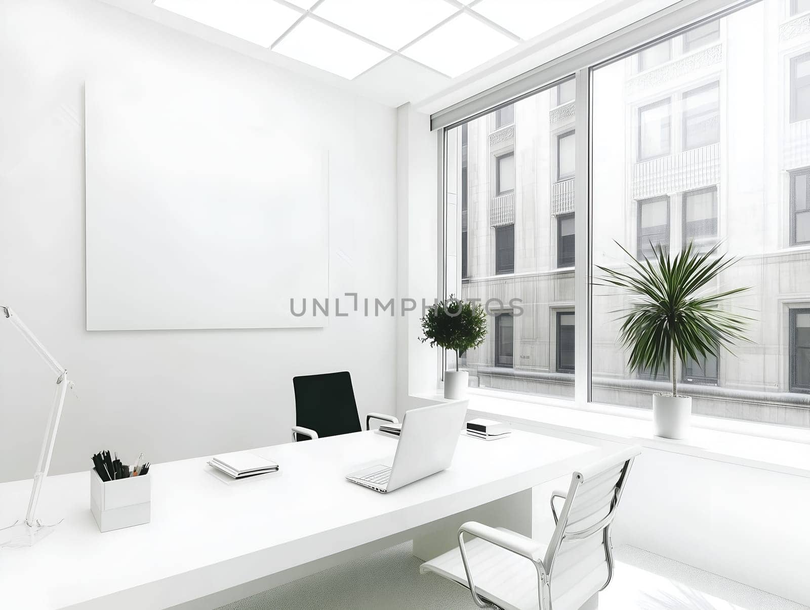 Bright and minimalist office space with a white desk, chairs, and decor. Large windows provide natural light and a view of city buildings, creating a clean and professional atmosphere.