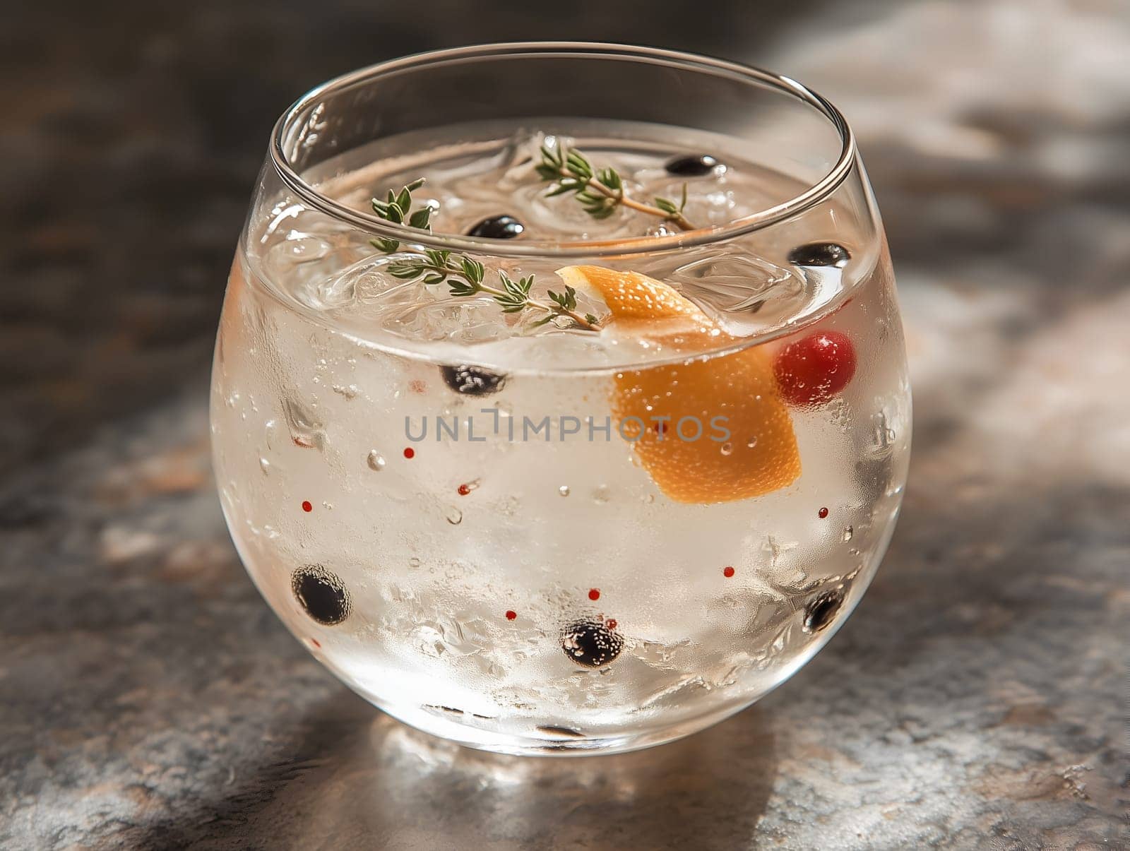 A chilled gin tonic served in a round glass, garnished with orange peel, juniper berries, red berries, and fresh thyme. Ice cubes and bubbles create a refreshing and elegant look.