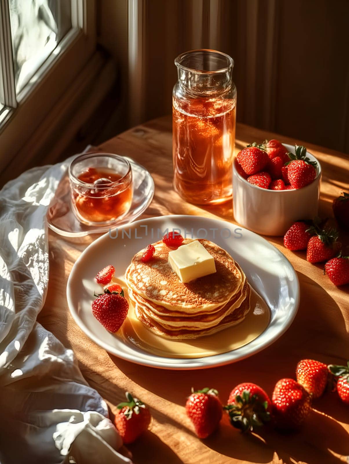 Delicious pancakes topped with butter and drizzled with syrup, served with fresh strawberries. Warm golden lighting enhances the appetizing presentation in a rustic setting.