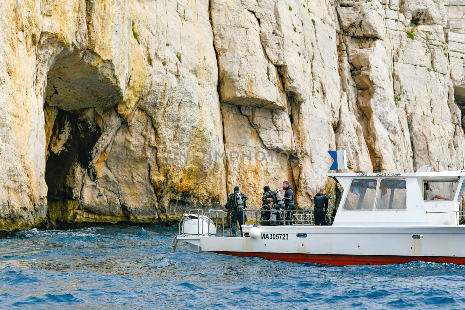 Marseille, France, June 09, 202, Scuba divers on boat school. High quality photo