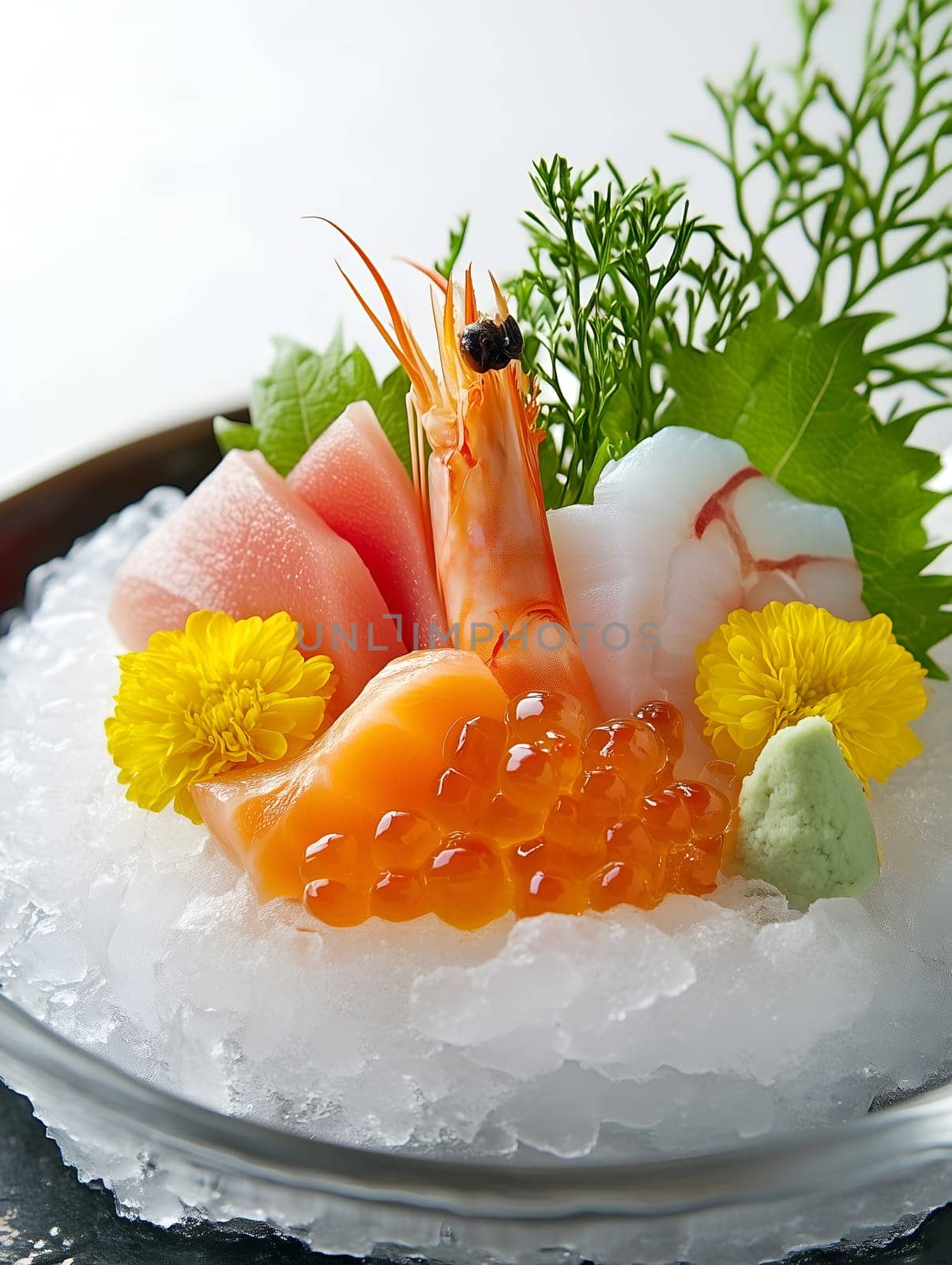 A beautifully arranged sashimi platter featuring fresh shrimp, salmon roe, tuna, and squid on crushed ice. Garnished with herbs, yellow flowers, and wasabi for a refined presentation.