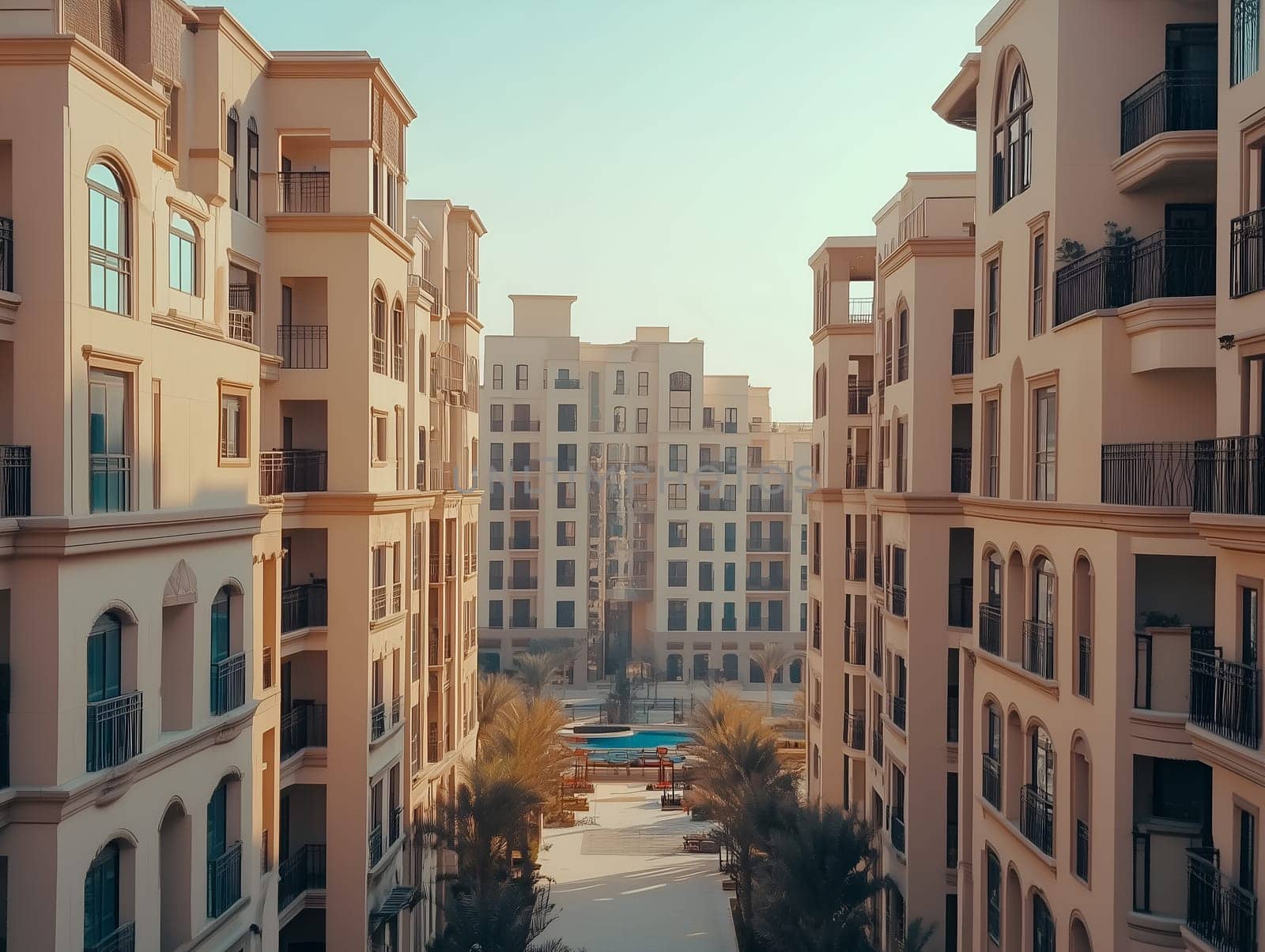 View of a luxurious apartment complex with a central courtyard featuring palm trees and a pool. Warm sunlight enhances the architecture and serene atmosphere.