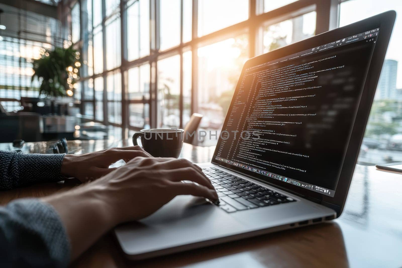 A professional web developer focuses on coding at a sleek laptop in a modern office setting, surrounded by natural light and a serene atmosphere, enhancing productivity.