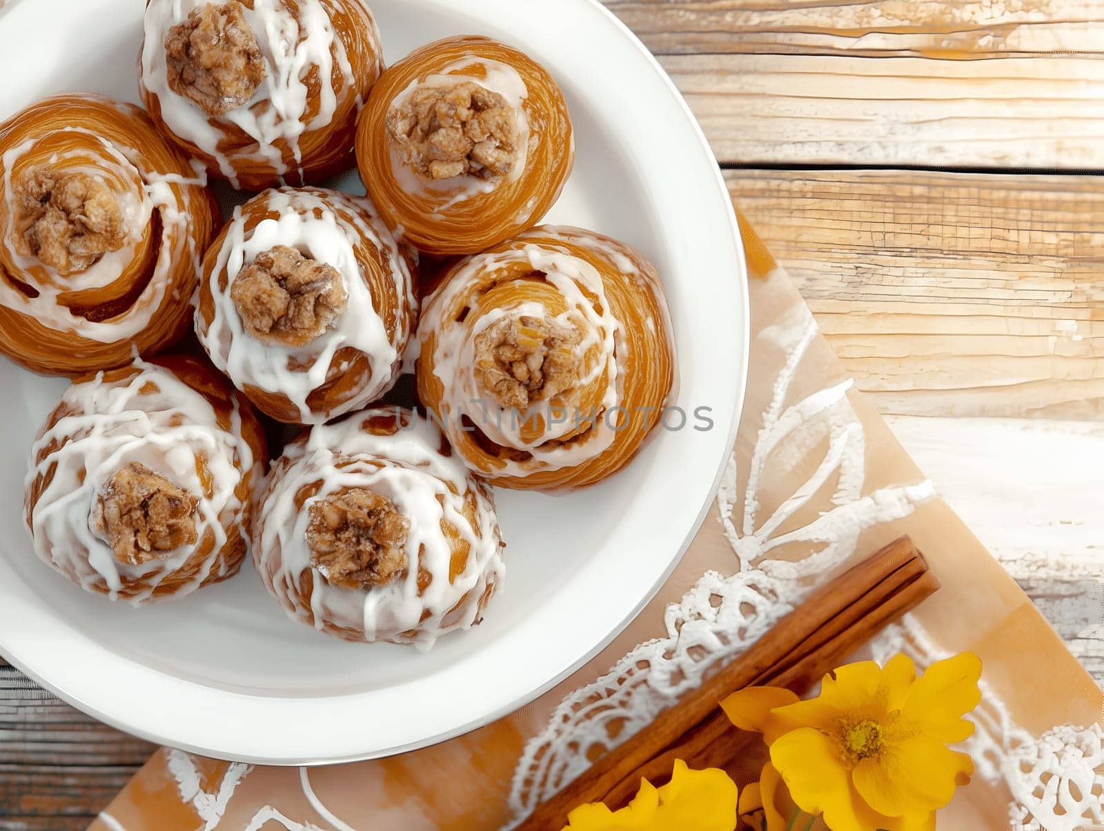 A plate of caramel-glazed cinnamon pastries topped with icing and a walnut center. Styled on a rustic wooden table with yellow flowers and cinnamon sticks for decoration.