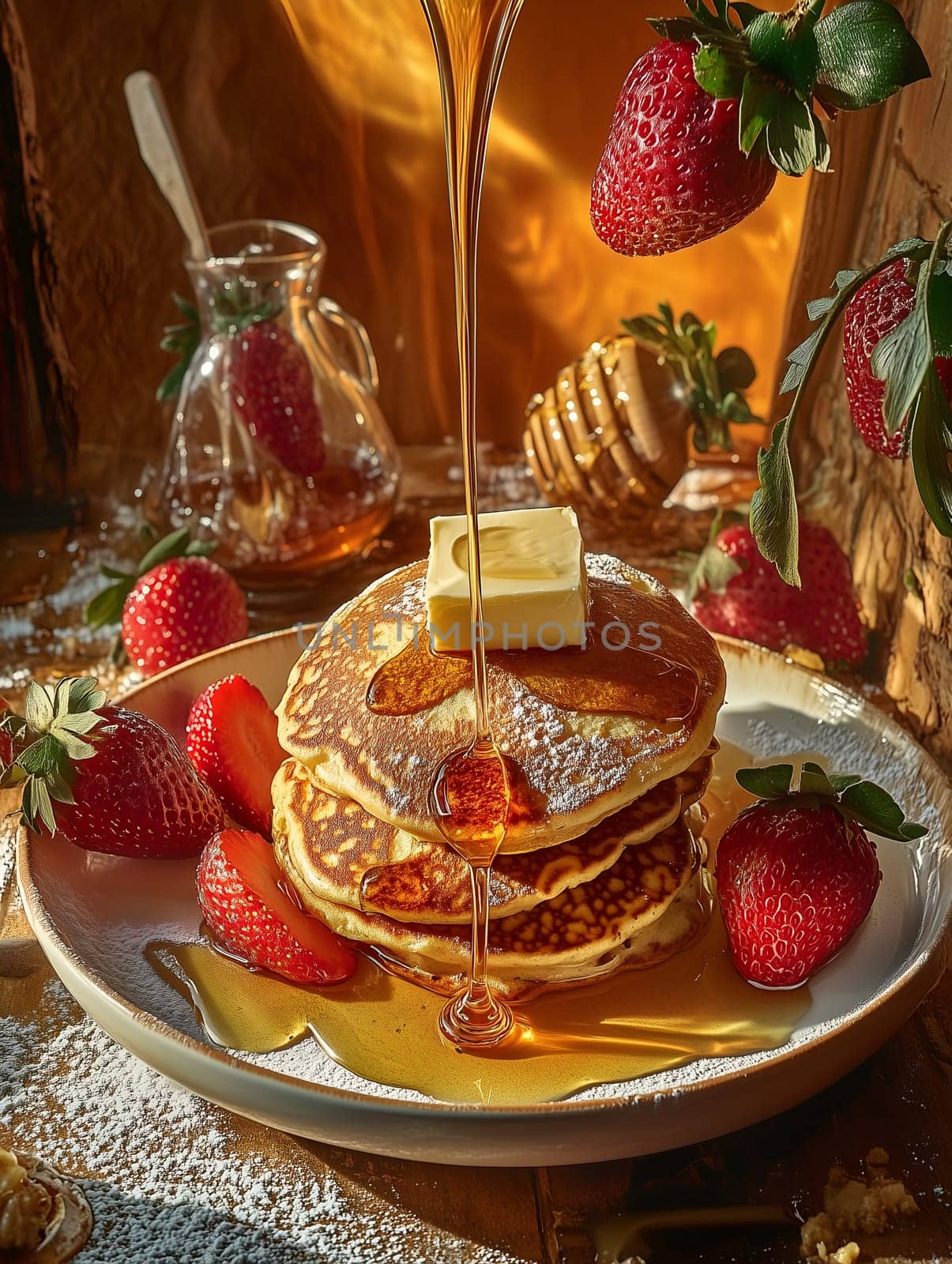 Delicious pancakes topped with butter and drizzled with syrup, served with fresh strawberries. Warm golden lighting enhances the appetizing presentation in a rustic setting.