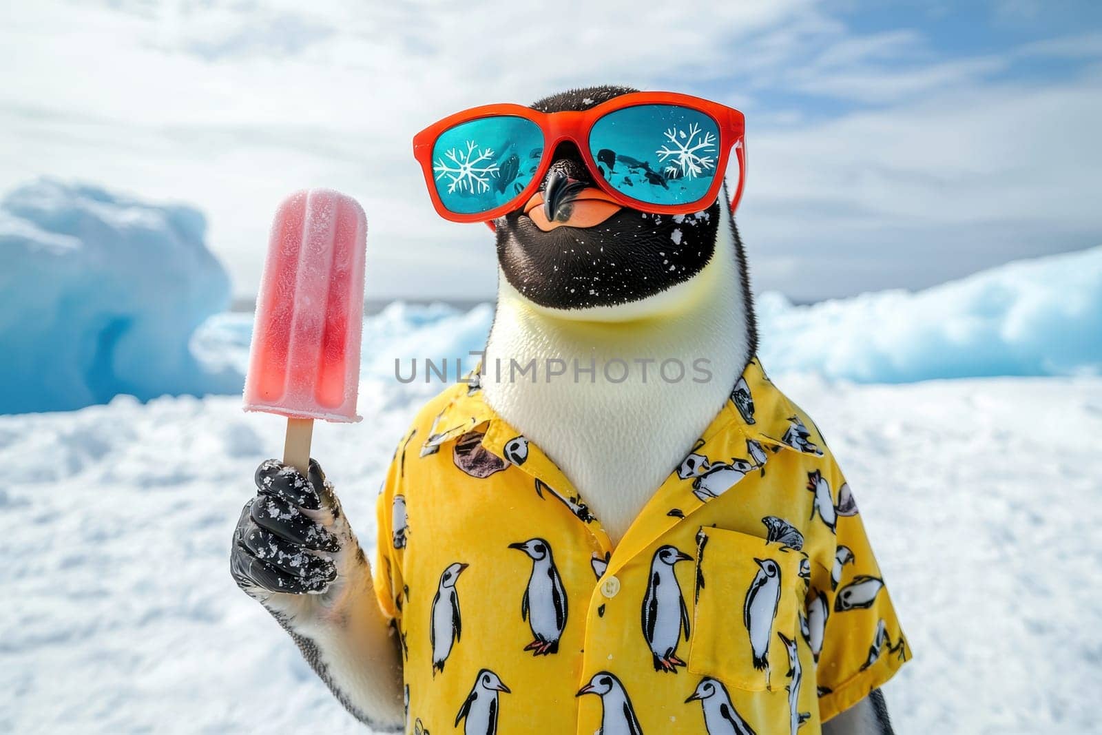 A dapper penguin in a bright shirt and oversized snowflake sunglasses holds a vibrant popsicle, embodying a fun holiday spirit against a snowy backdrop.
