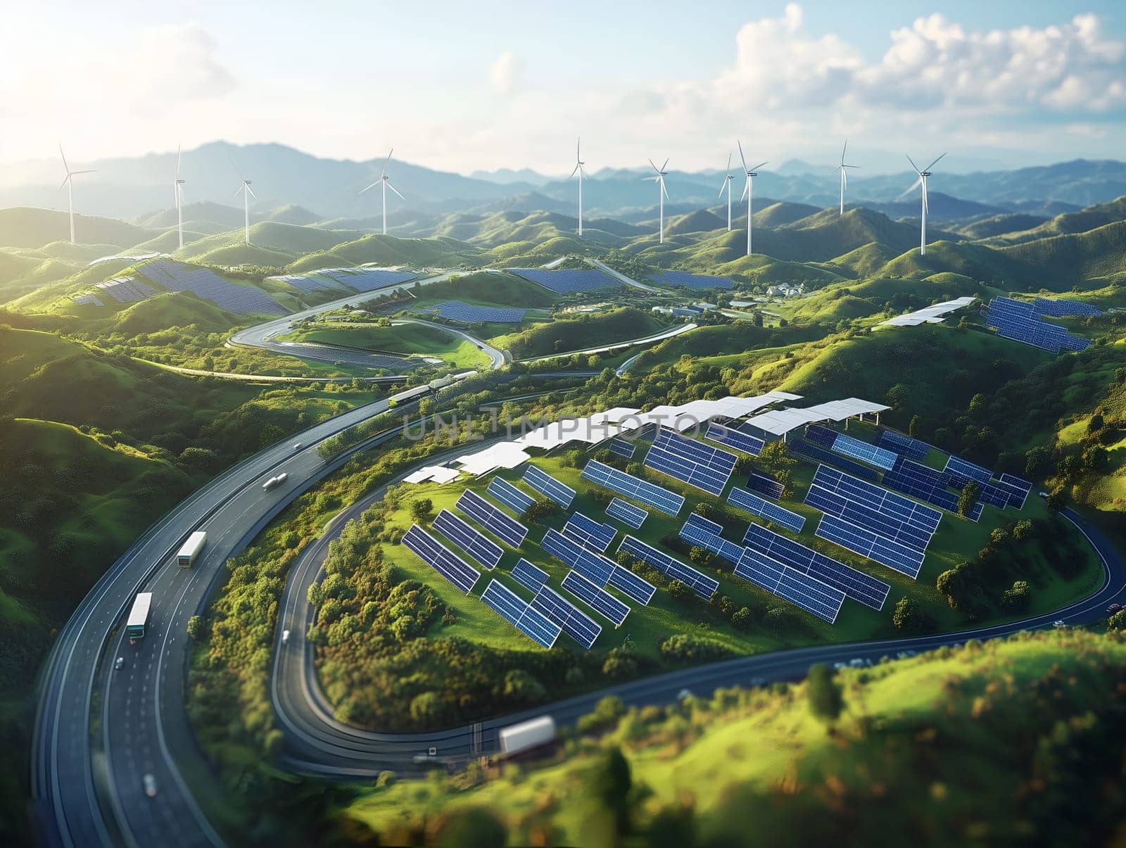 Aerial view of solar panels and wind turbines spread across rolling green hills, surrounded by winding roads and a bright, sunny sky. A sustainable energy concept.